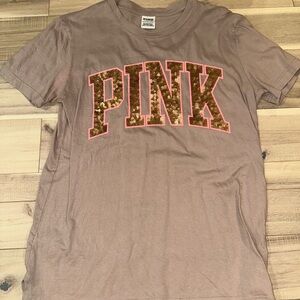 Victoria's Secret Brown Tee with Pink Sequin Logo